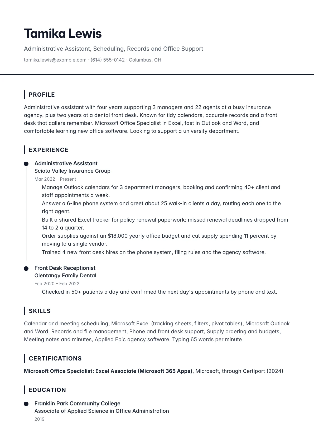Administrative assistant resume example