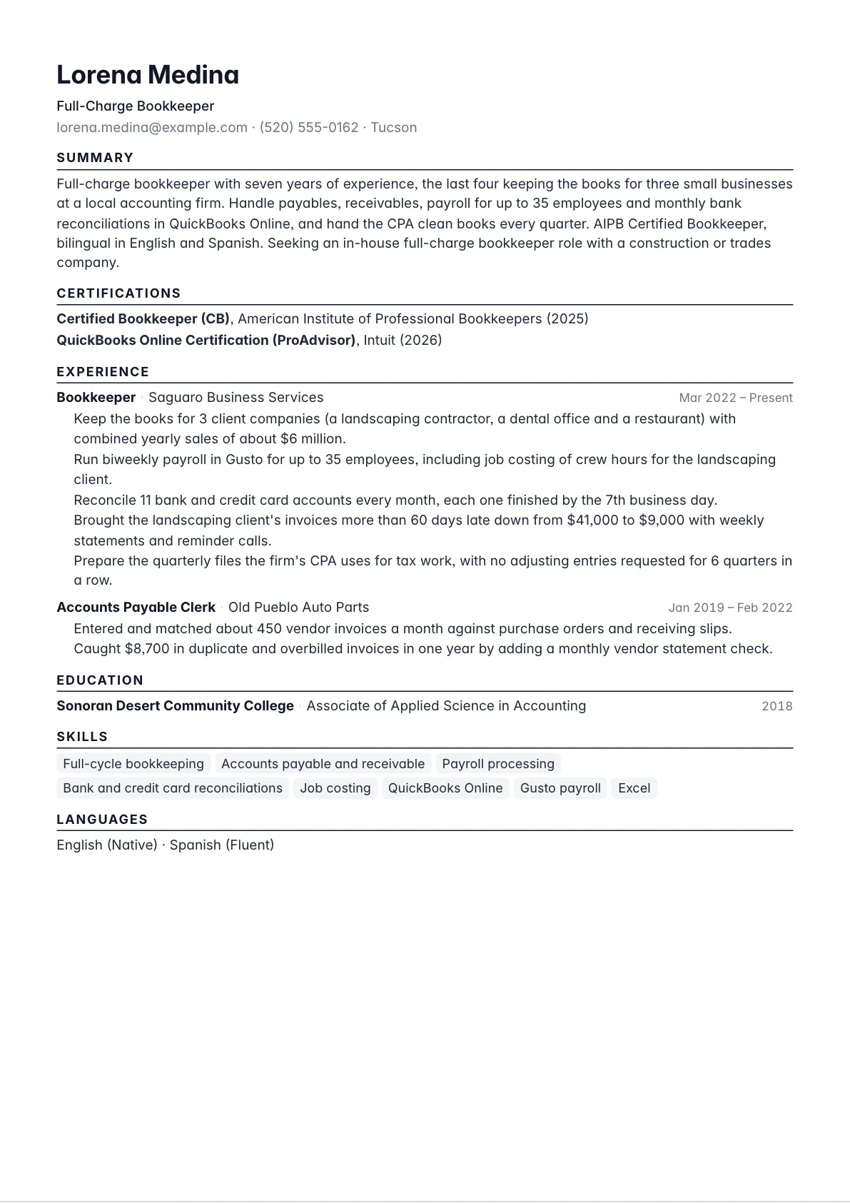 Bookkeeper resume example