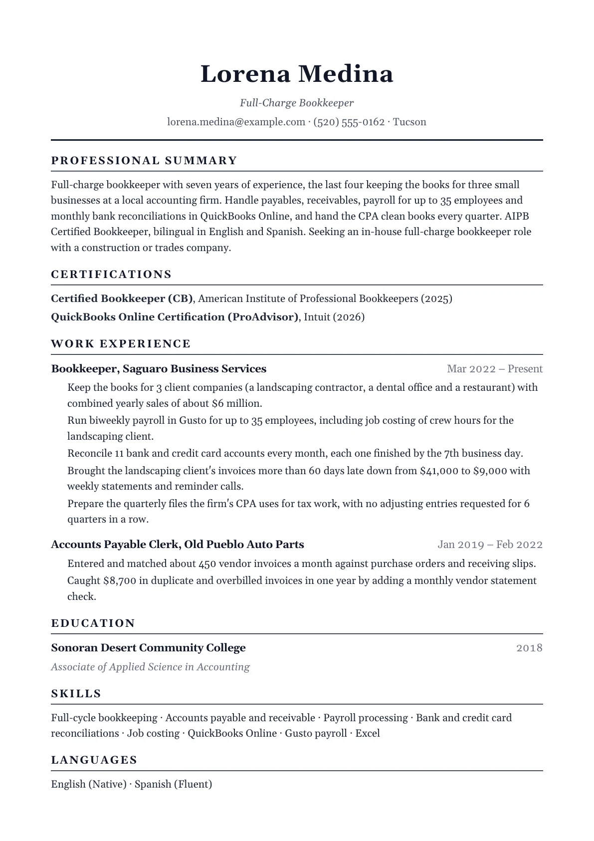 Bookkeeper Resume example