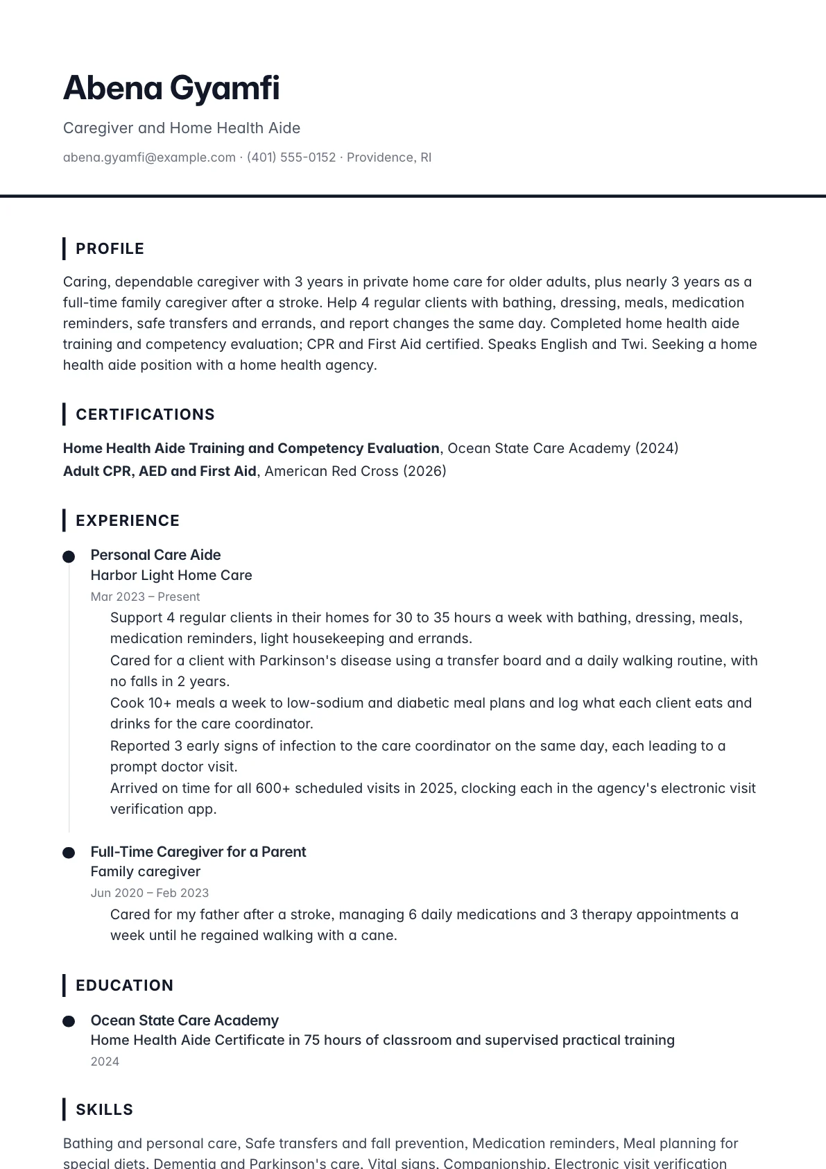 Caregiver resume example