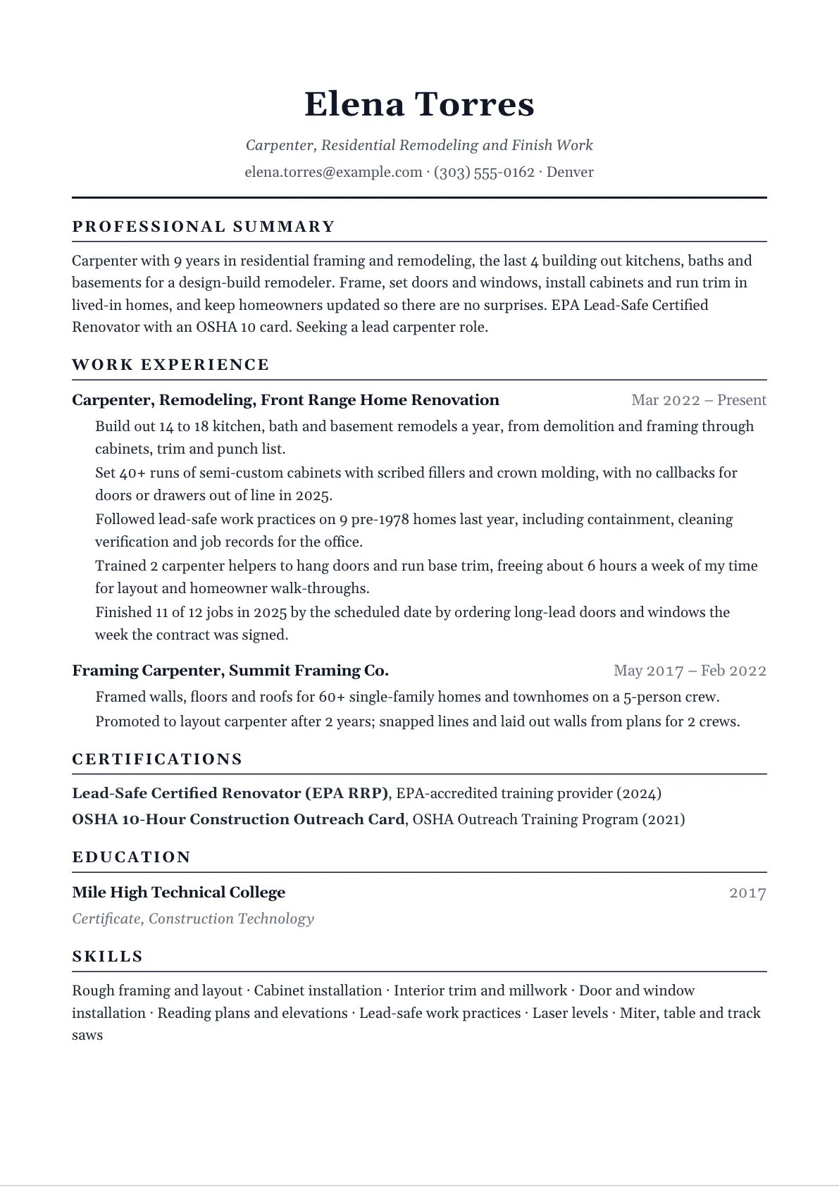 Carpenter resume example