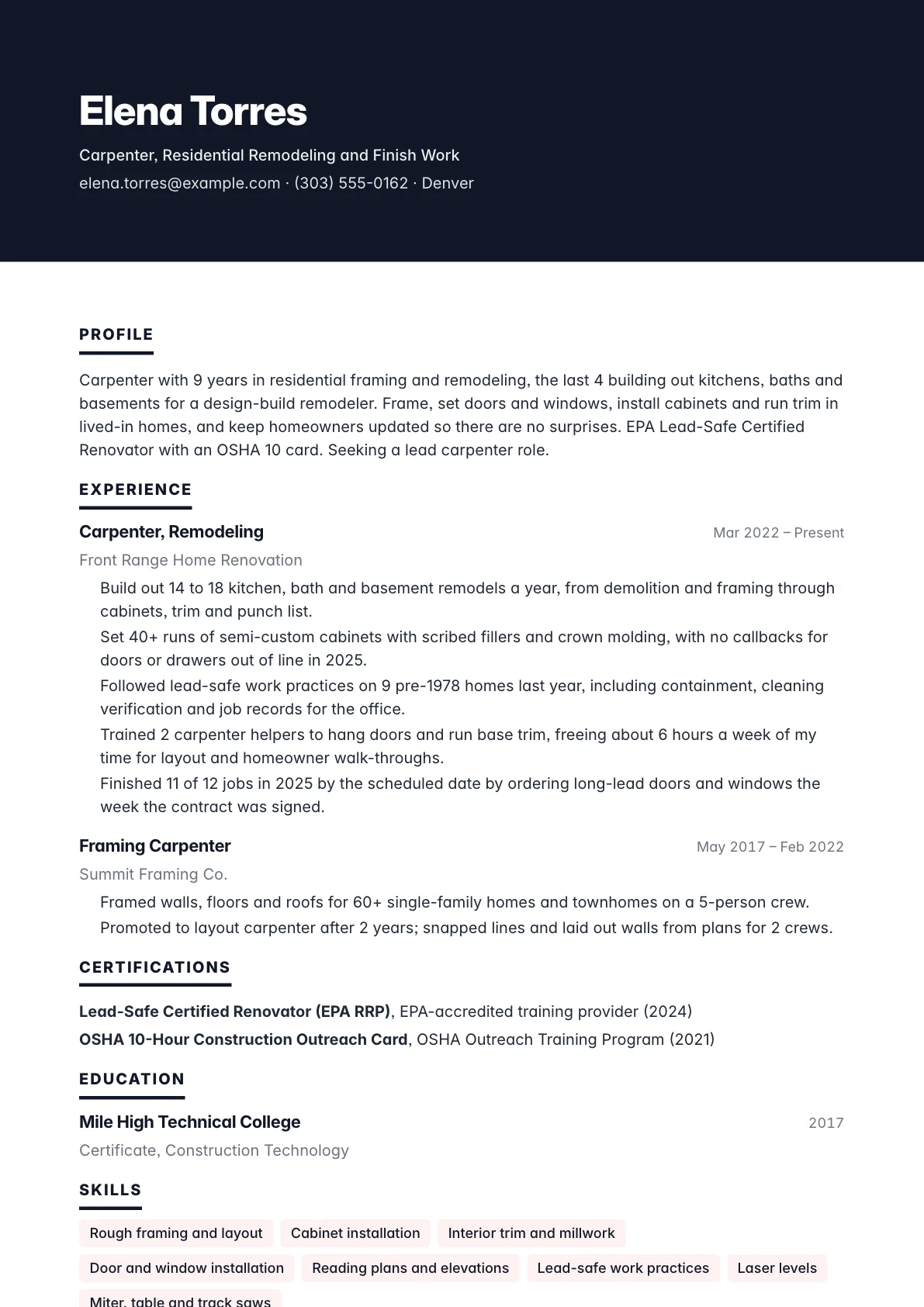 Carpenter resume example