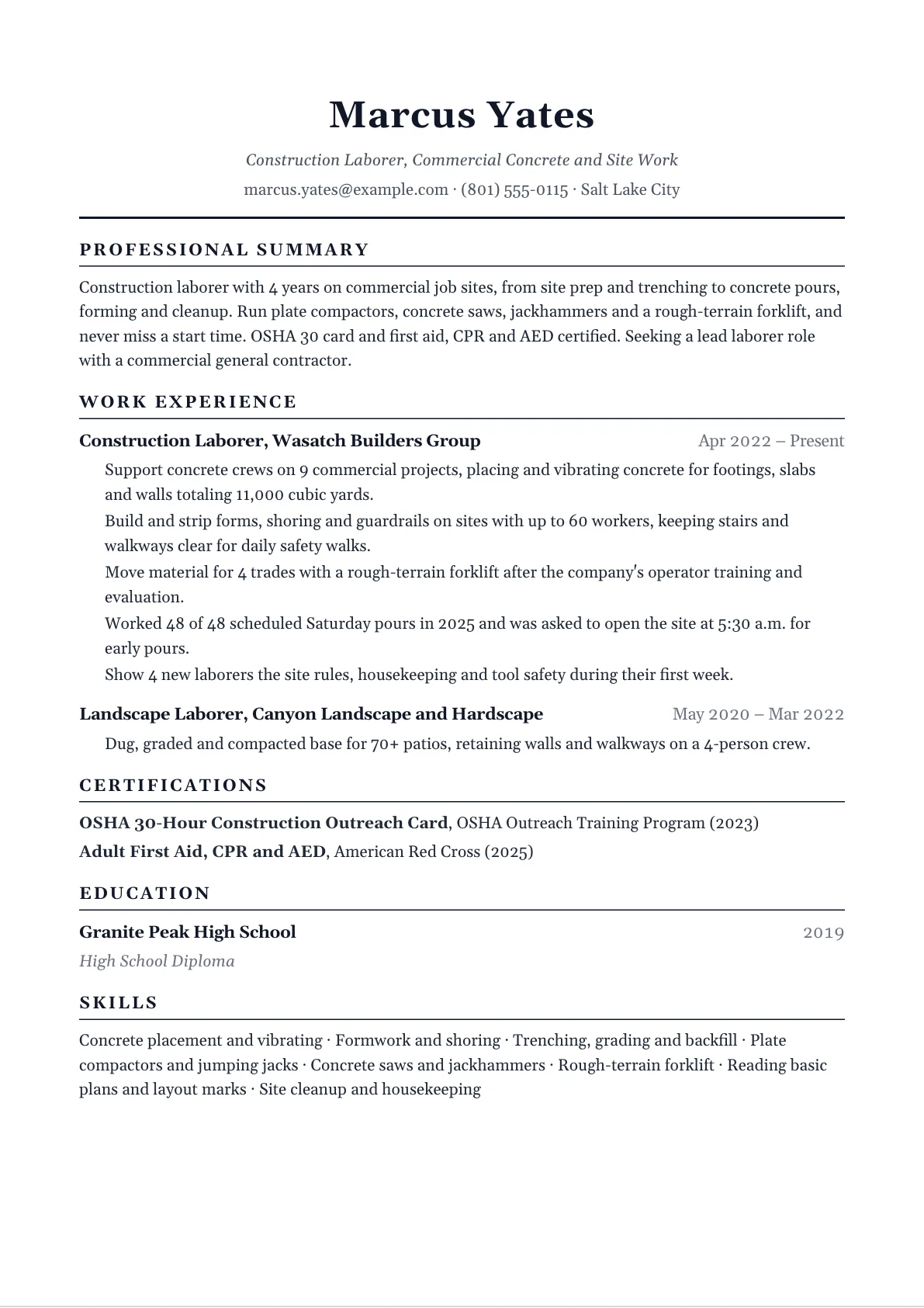 Construction Worker Resume example