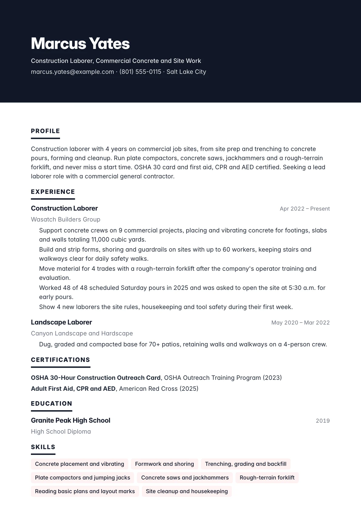 Construction worker resume example