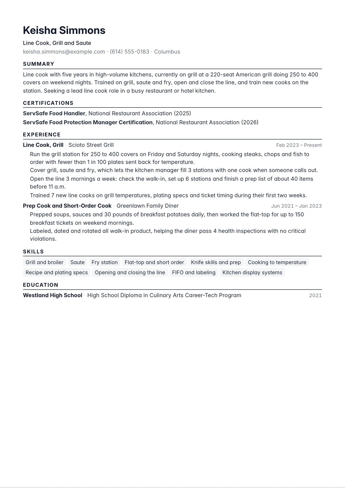 Cook resume example