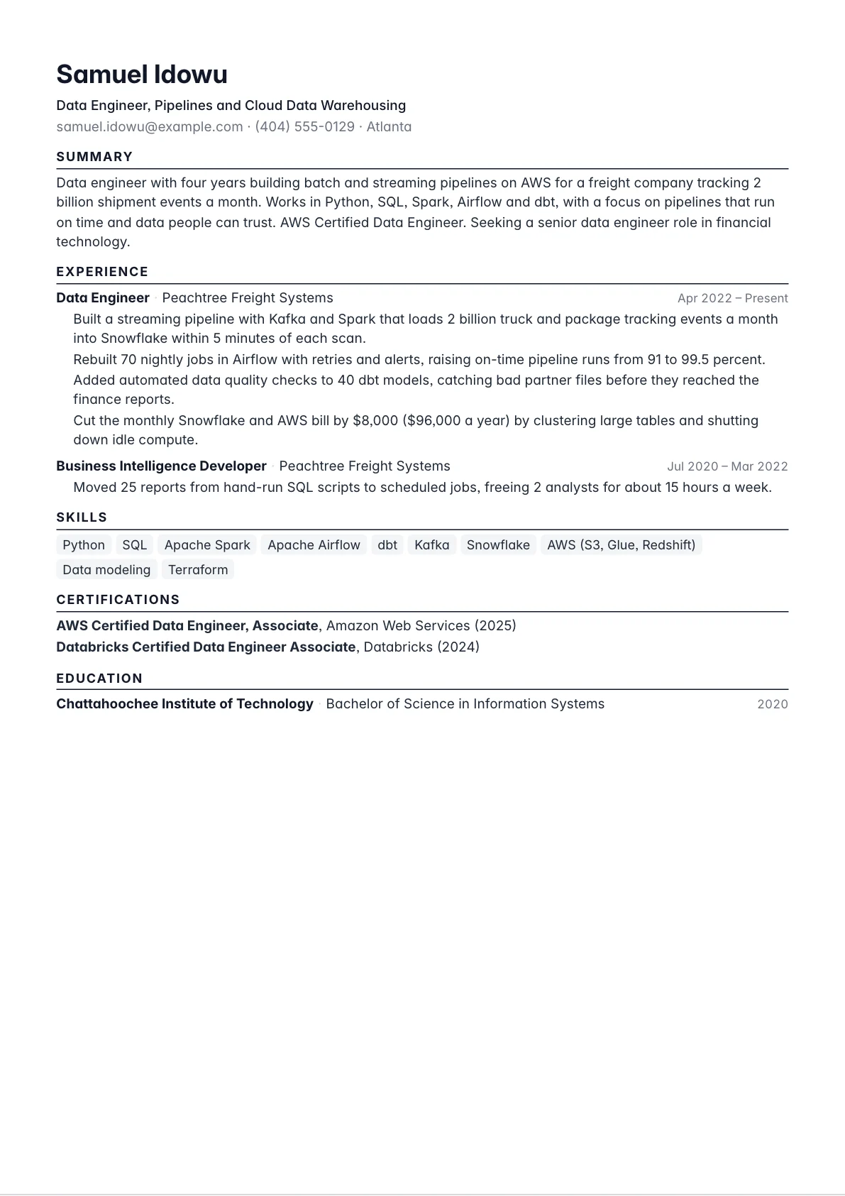 Data Engineer Resume example