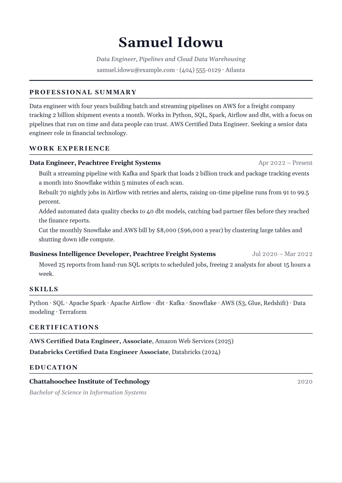 Data Engineer Resume example