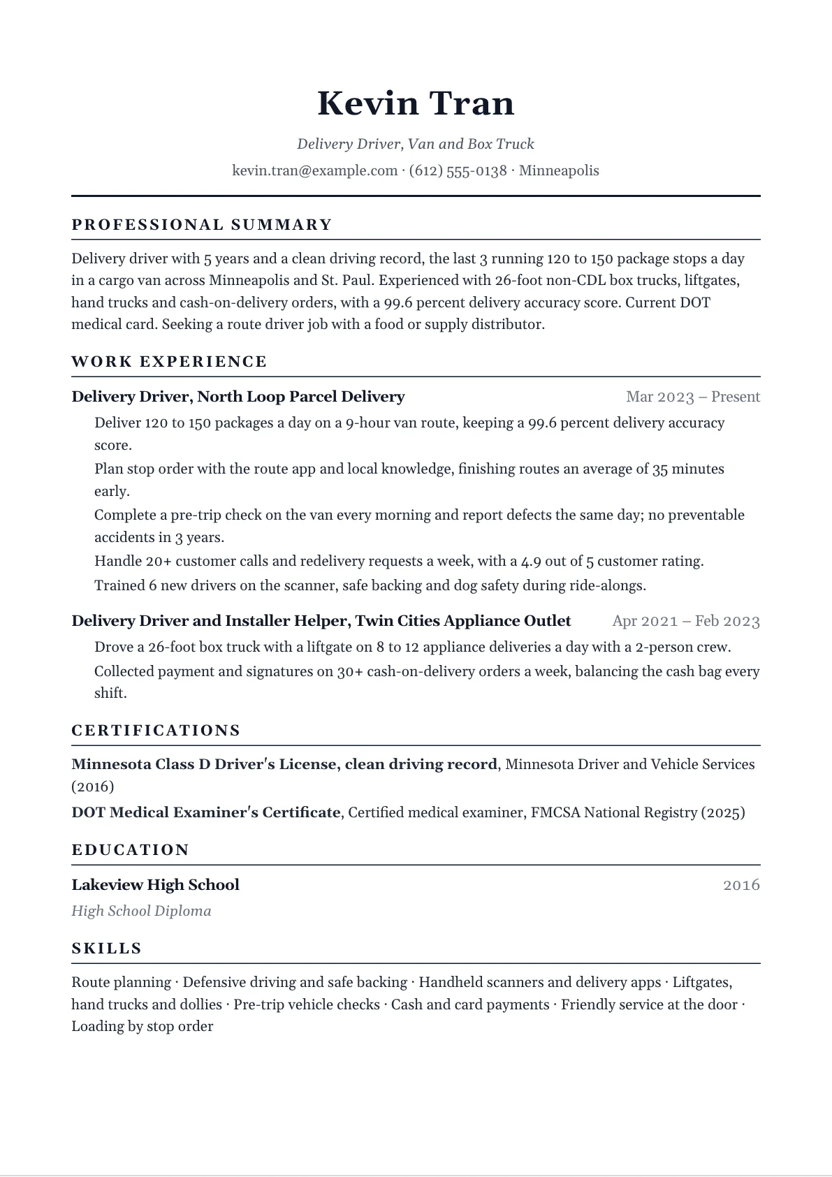 Delivery driver resume example