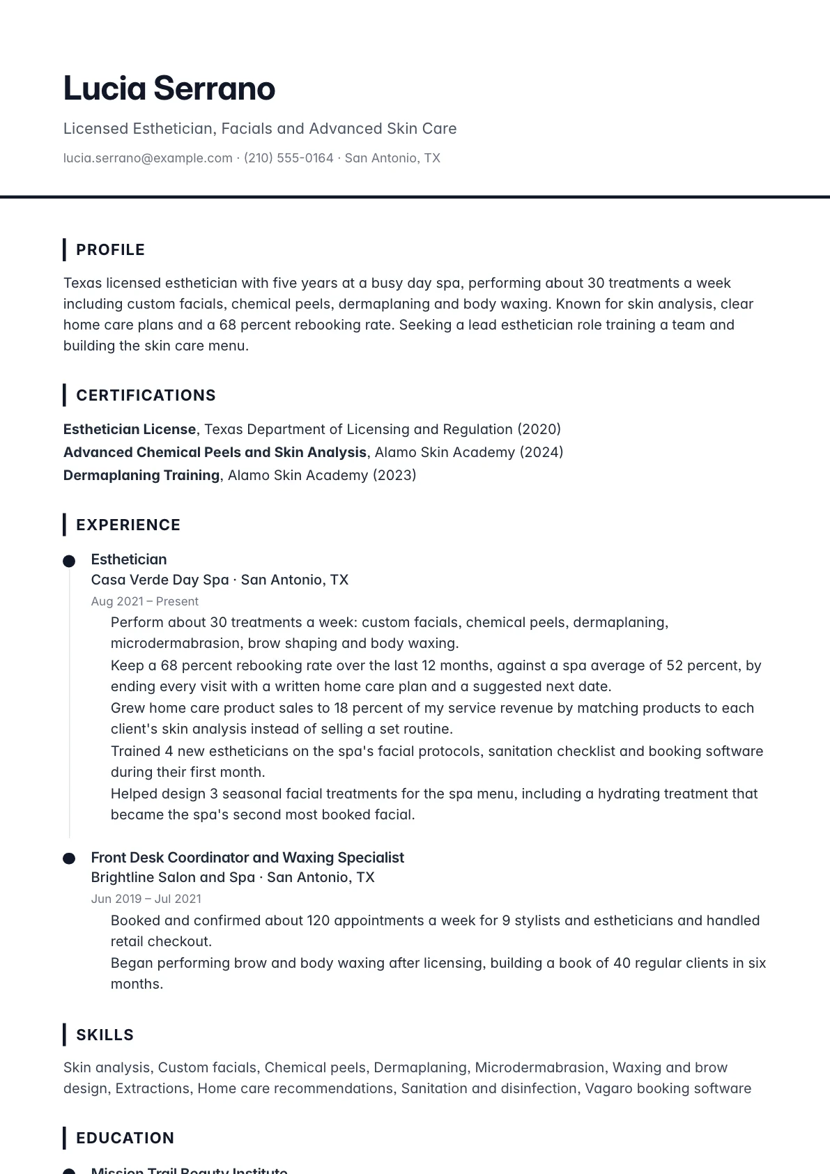 Esthetician resume example