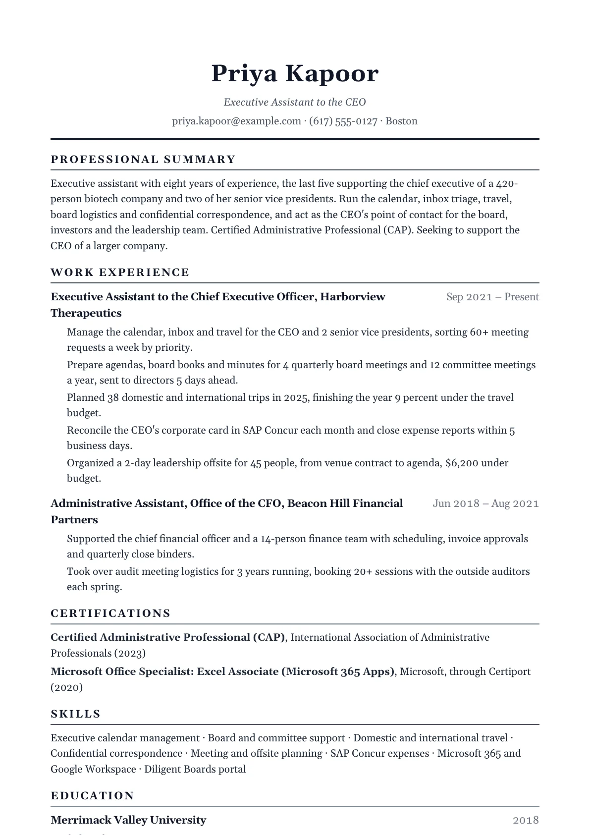 Executive assistant resume example