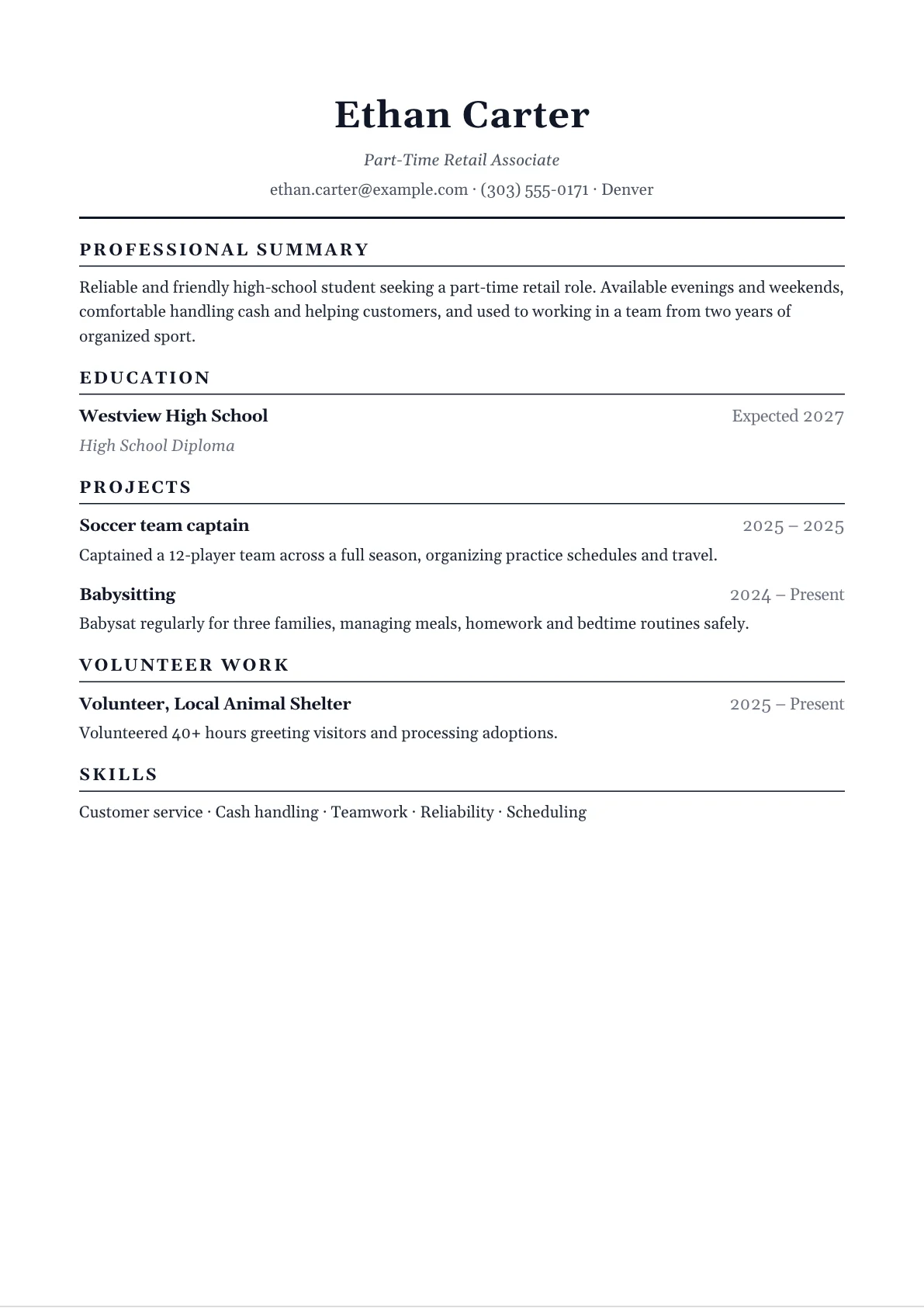 First Job Resume example