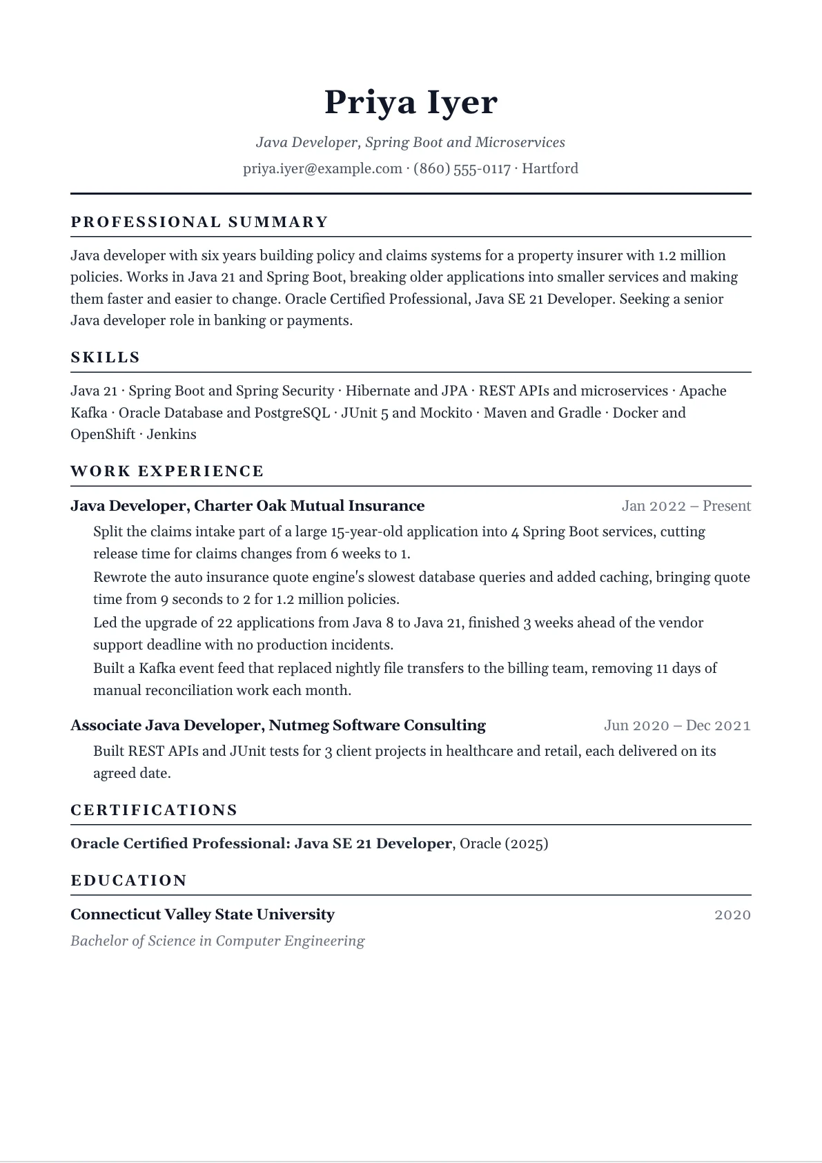 Java Developer Resume example