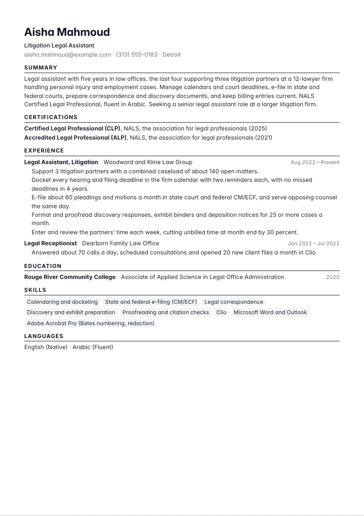 Legal Assistant Resume example
