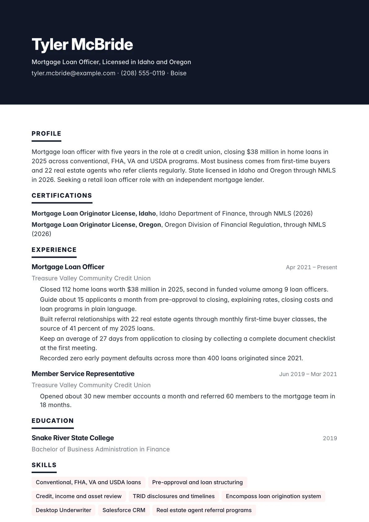 Loan Officer Resume example