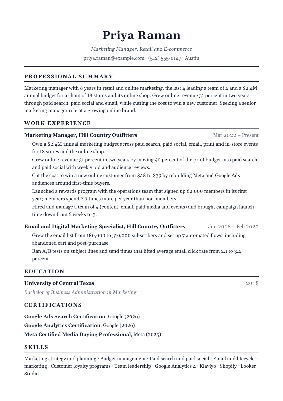 Marketing manager resume example