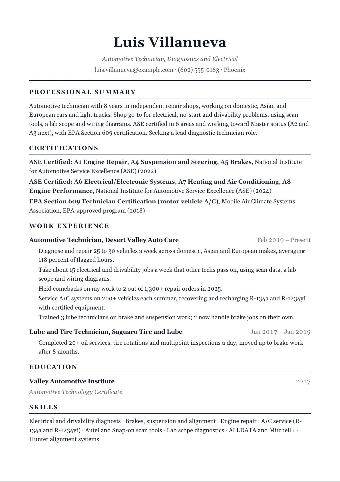 Mechanic Resume example