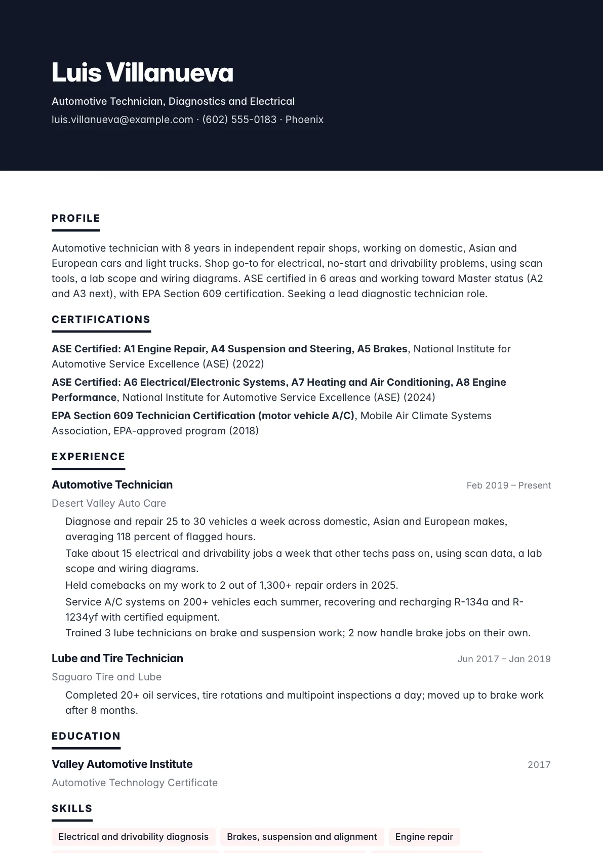 Mechanic Resume example