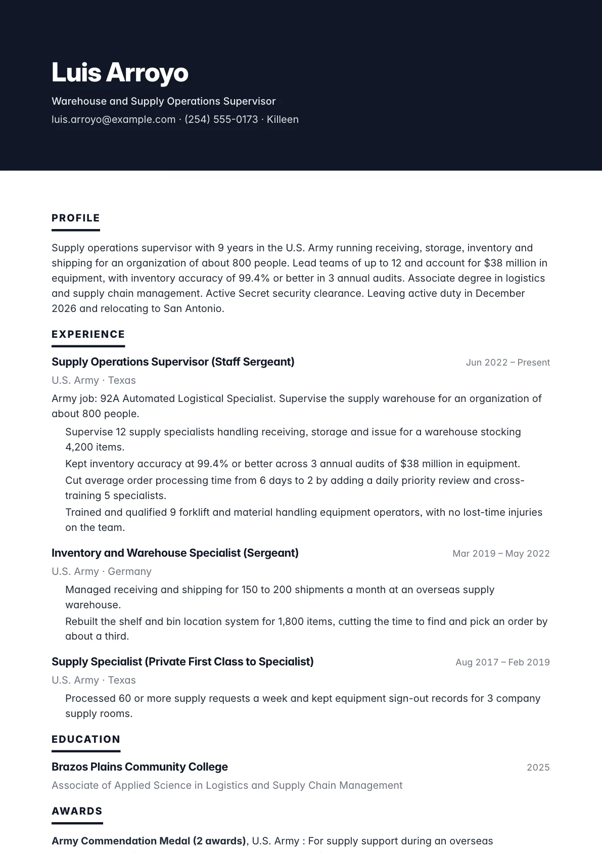 Military to Civilian Resume example