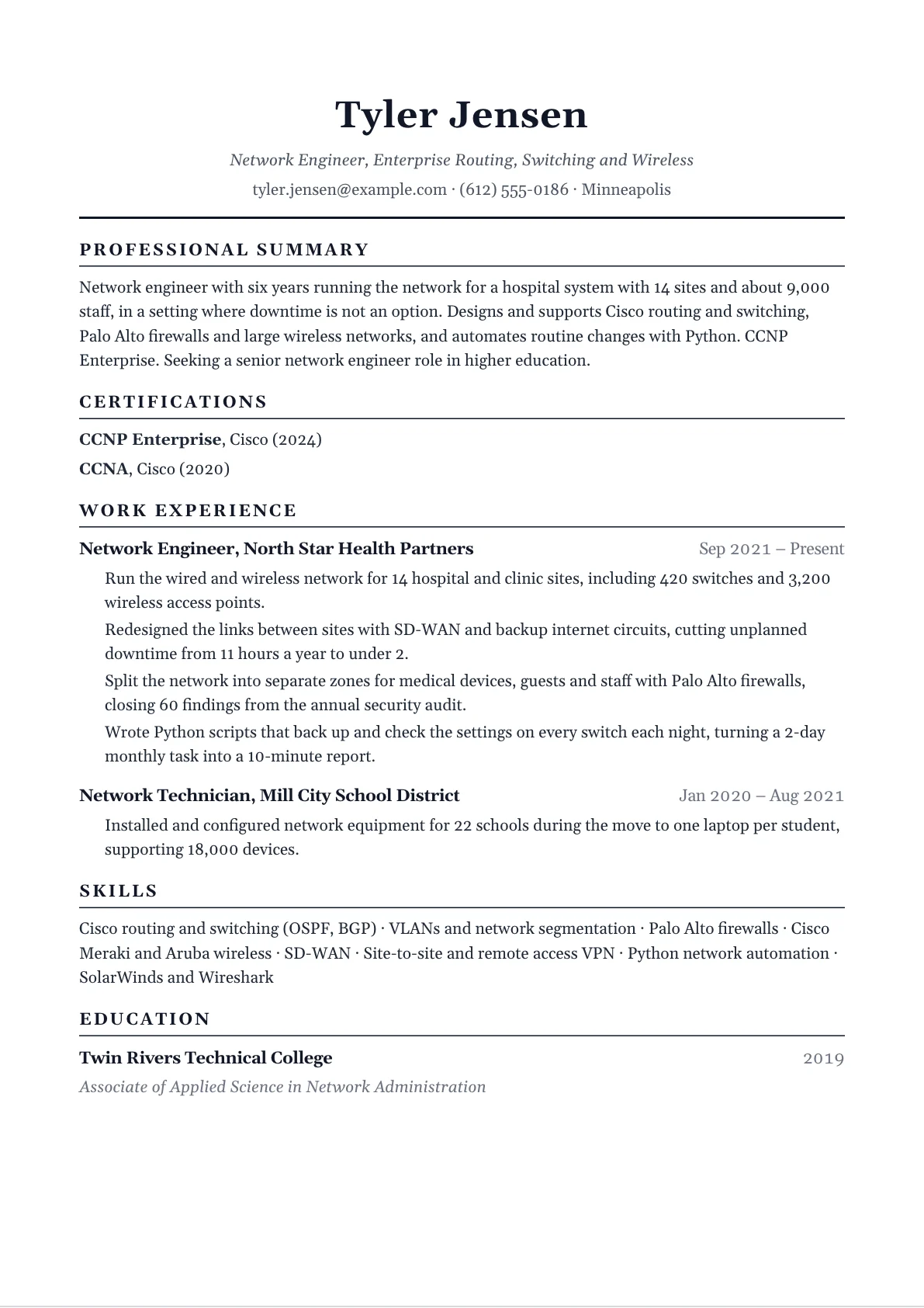 Network engineer resume example