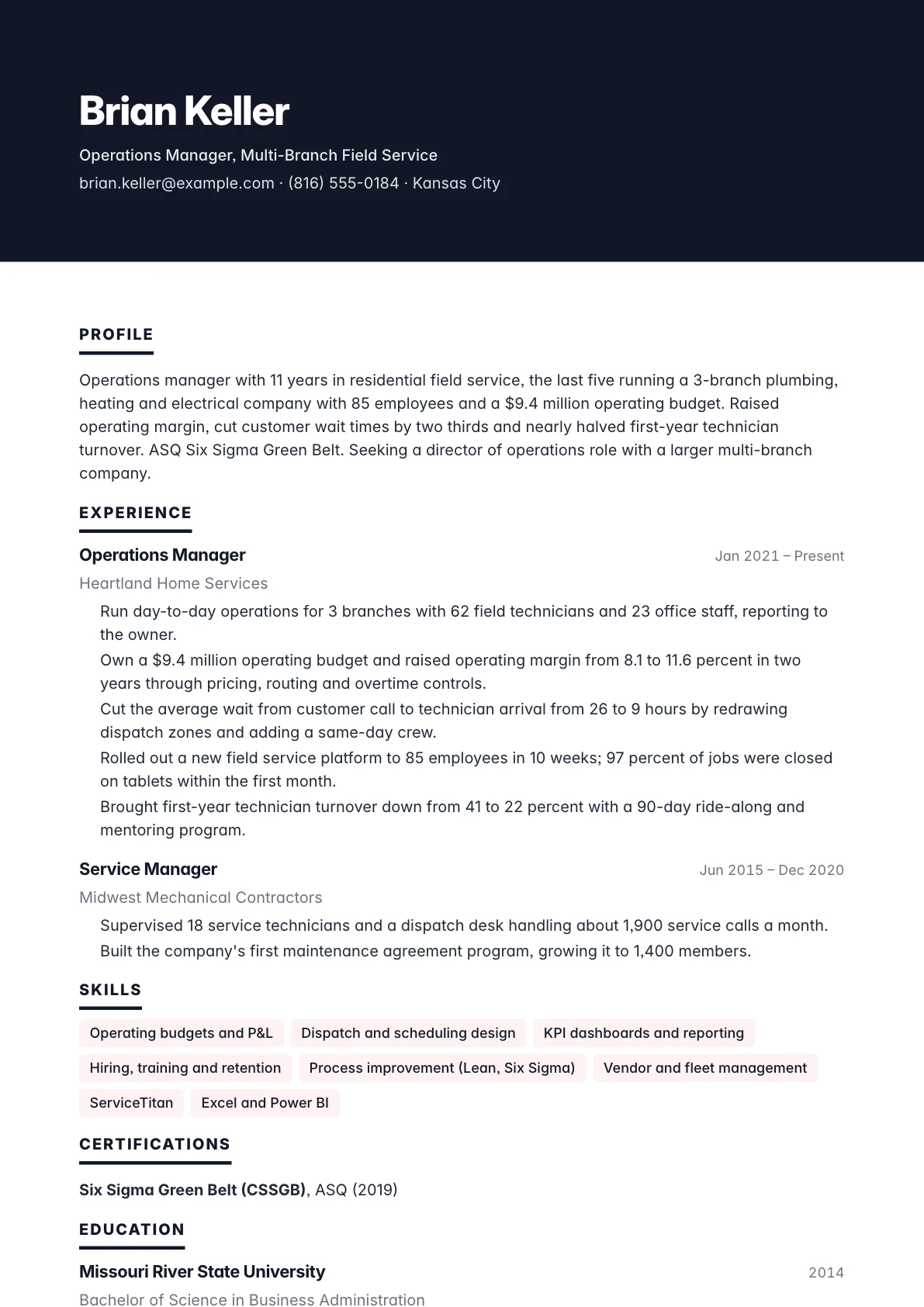 Operations manager resume example