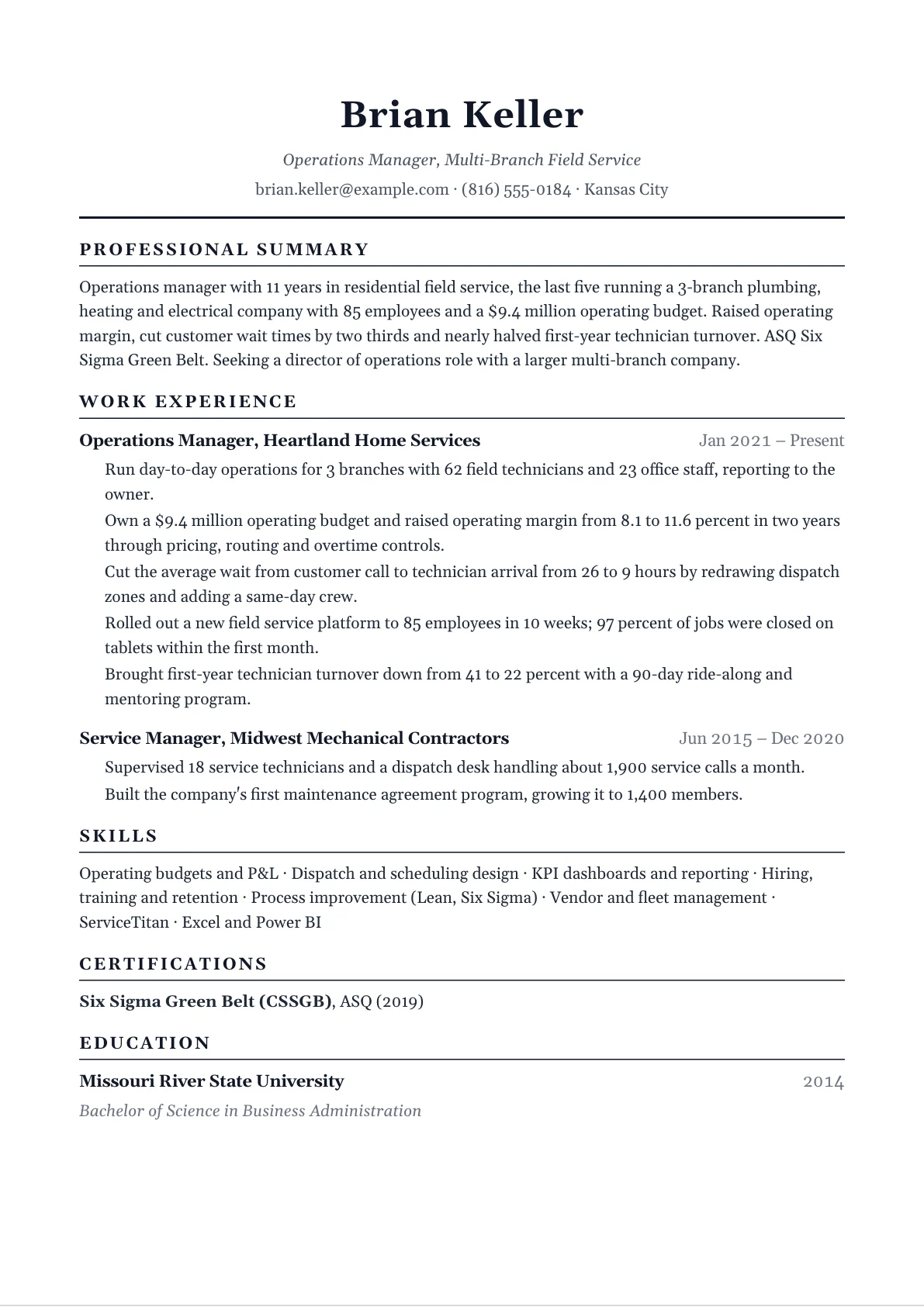 Operations manager resume example