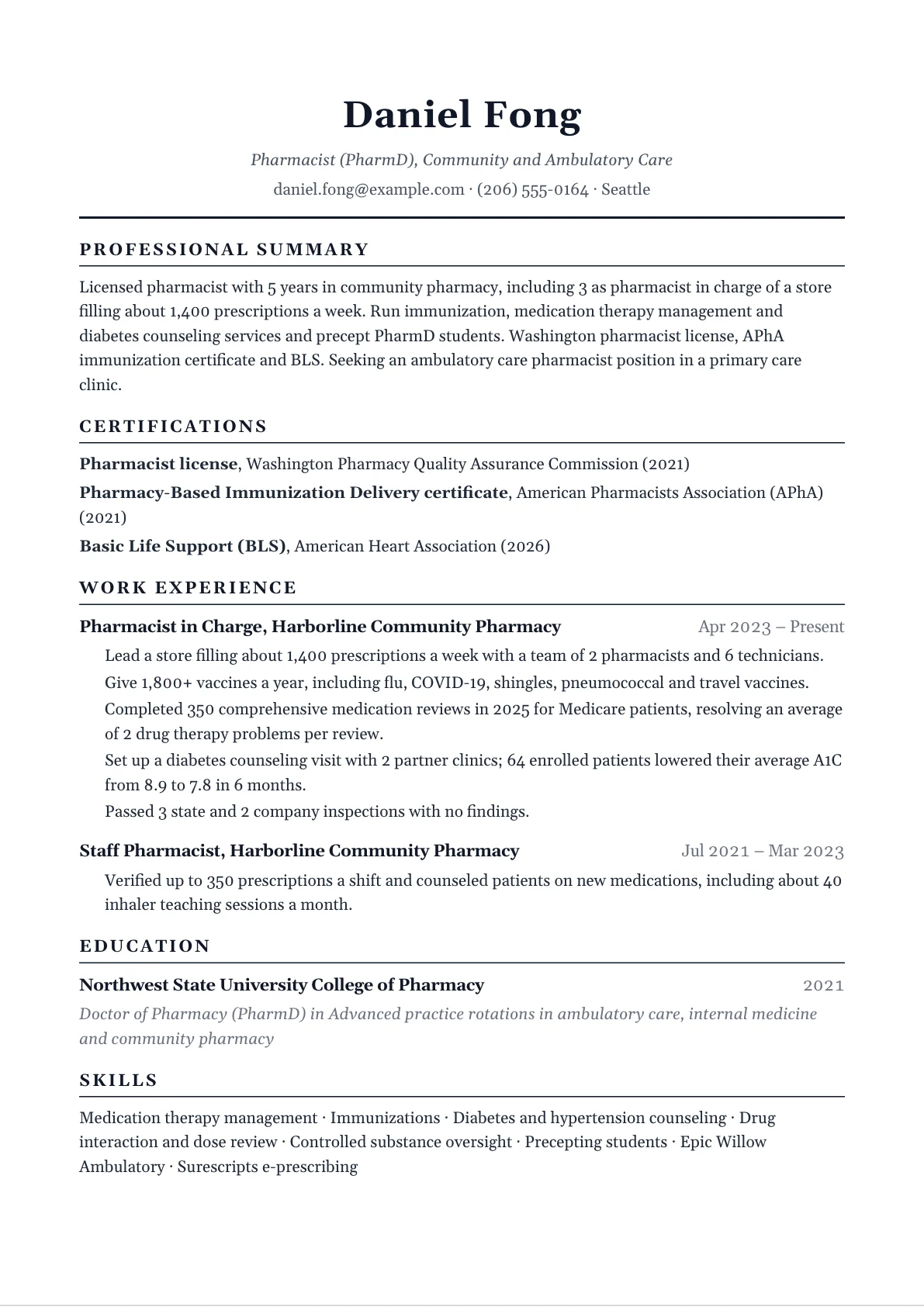 Pharmacist resume example