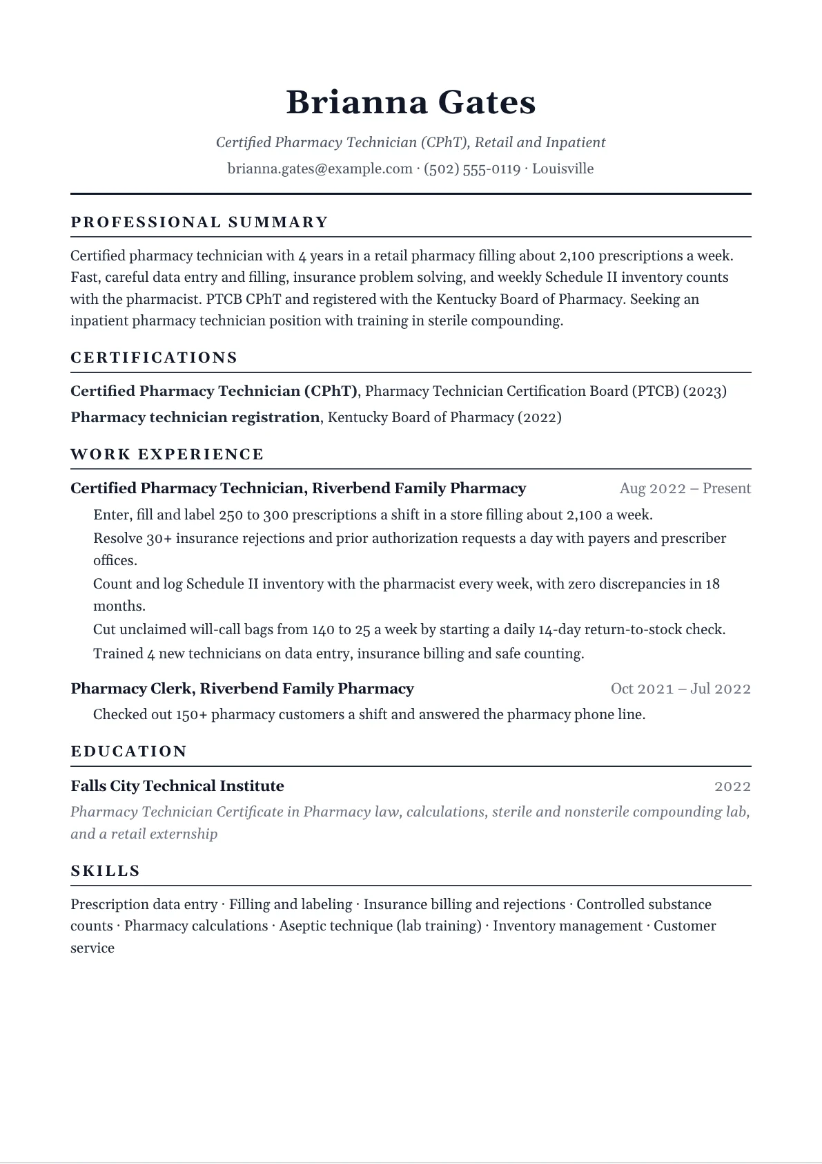 Pharmacy technician resume example