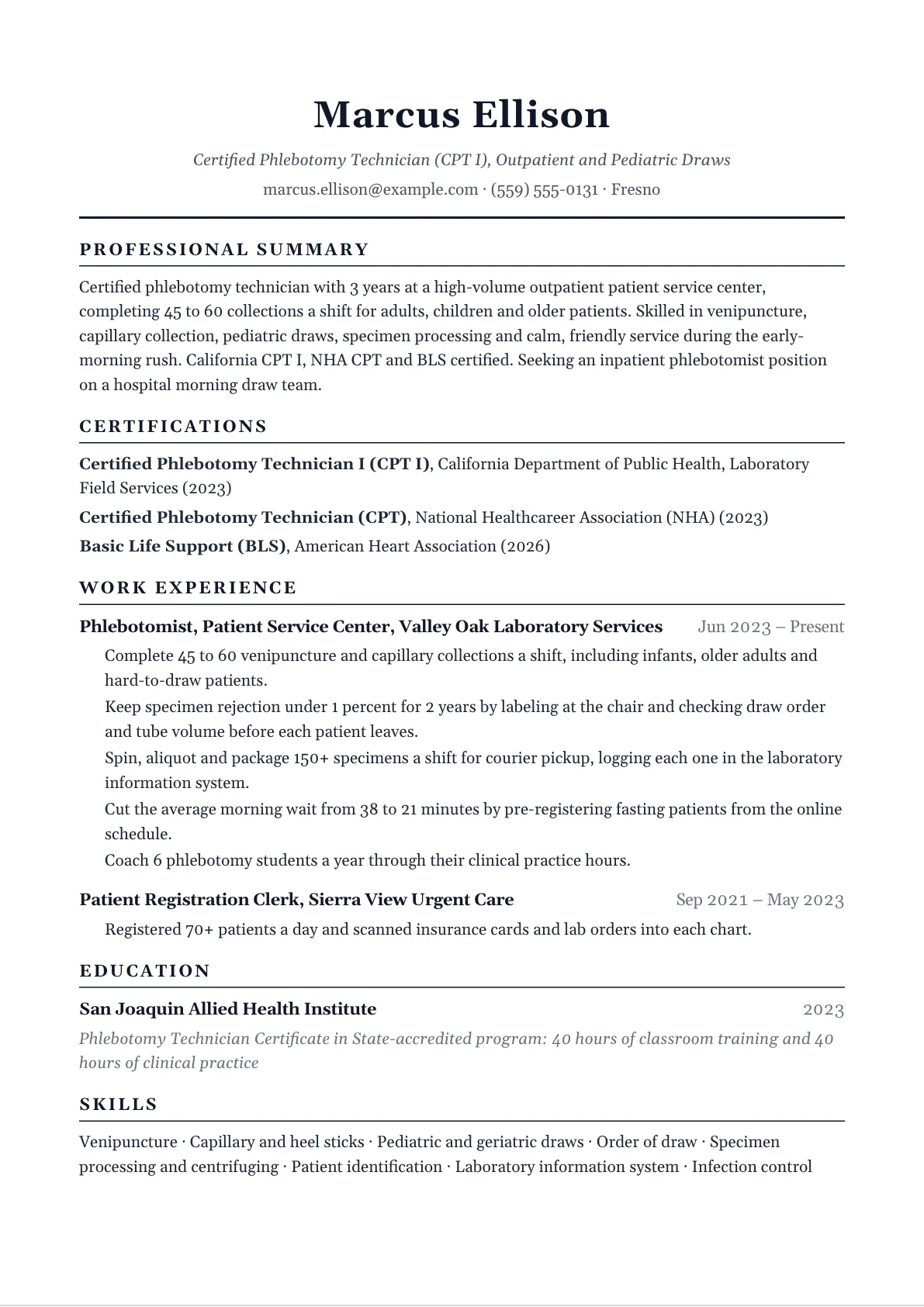 Phlebotomist resume example