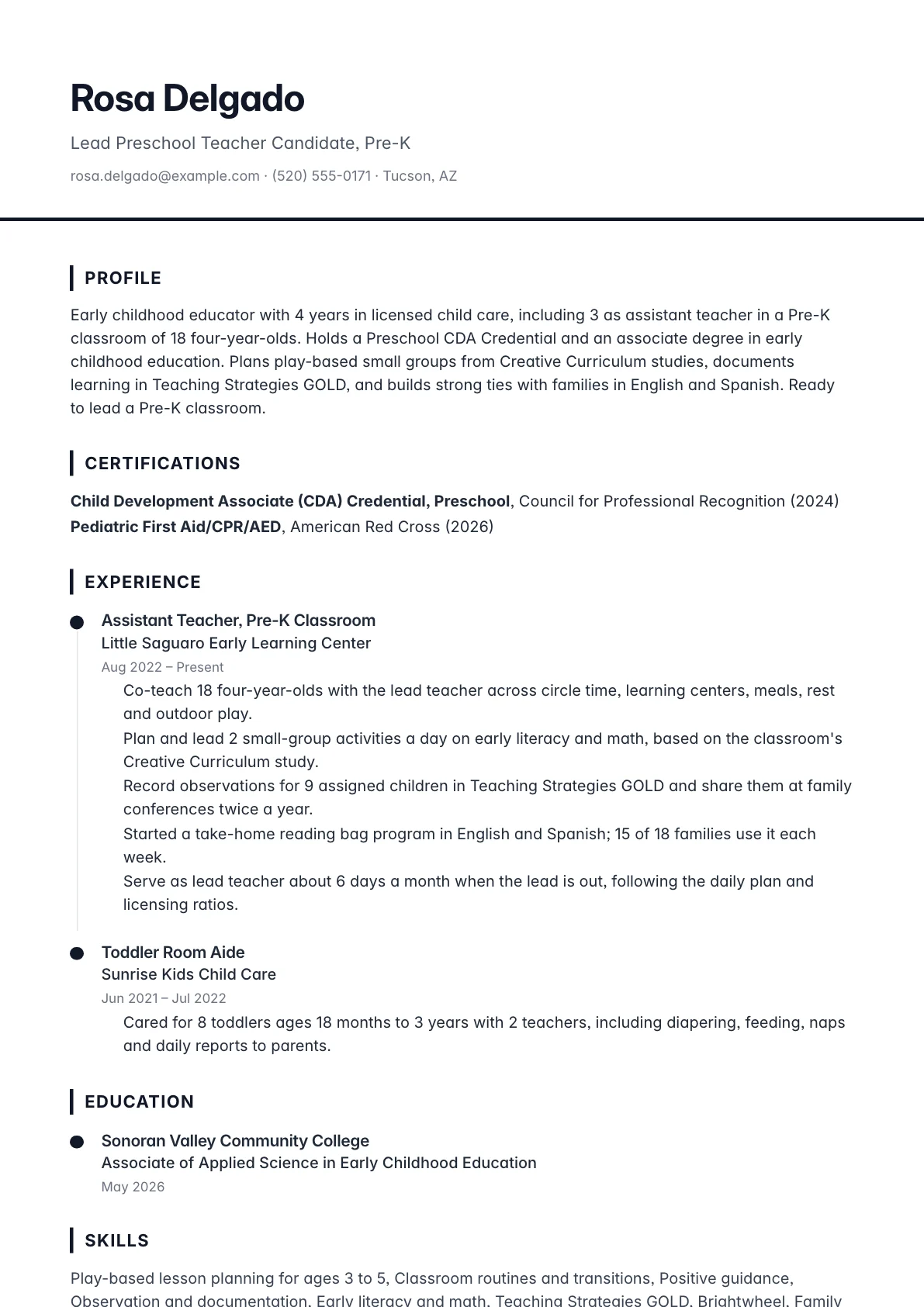 Preschool Teacher Resume example