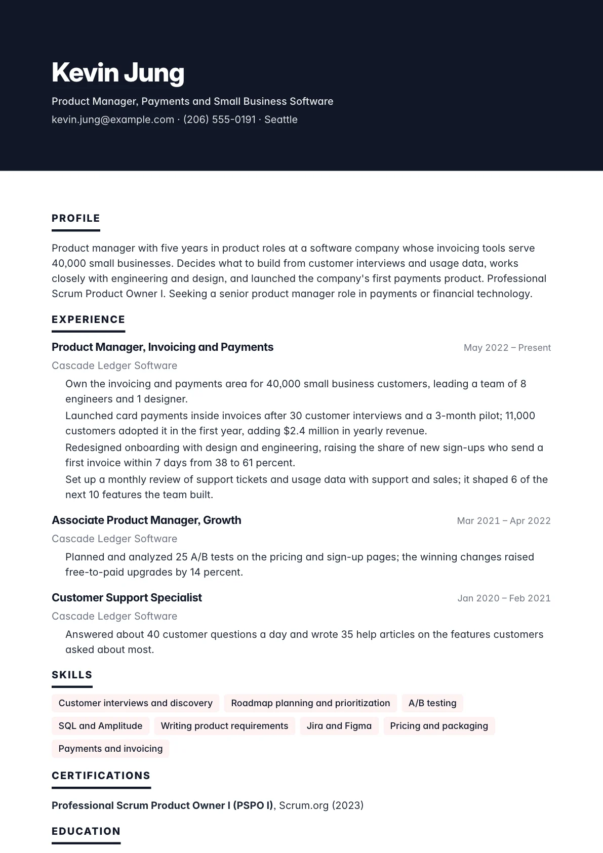 Product Manager Resume example