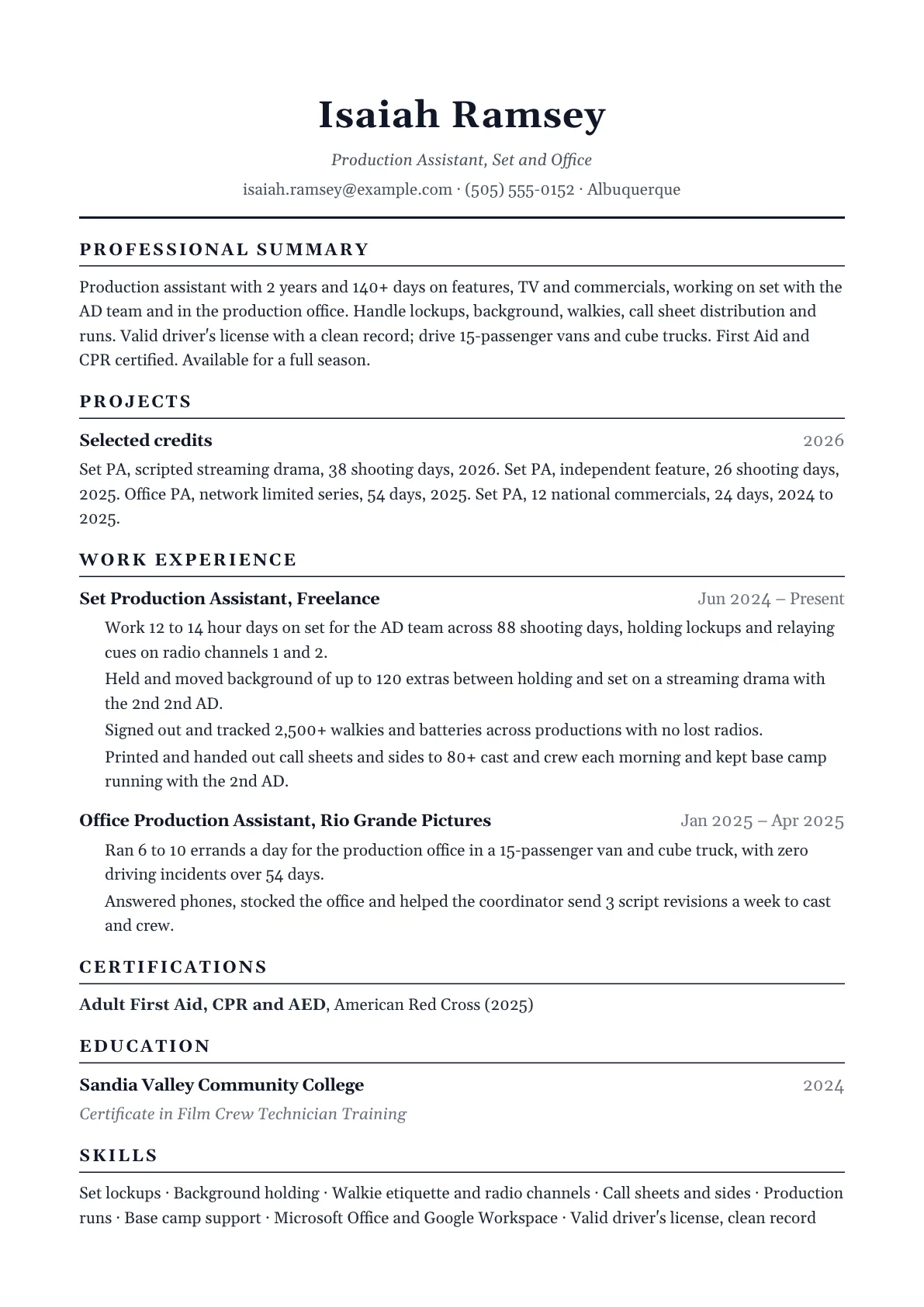 Production Assistant Resume example