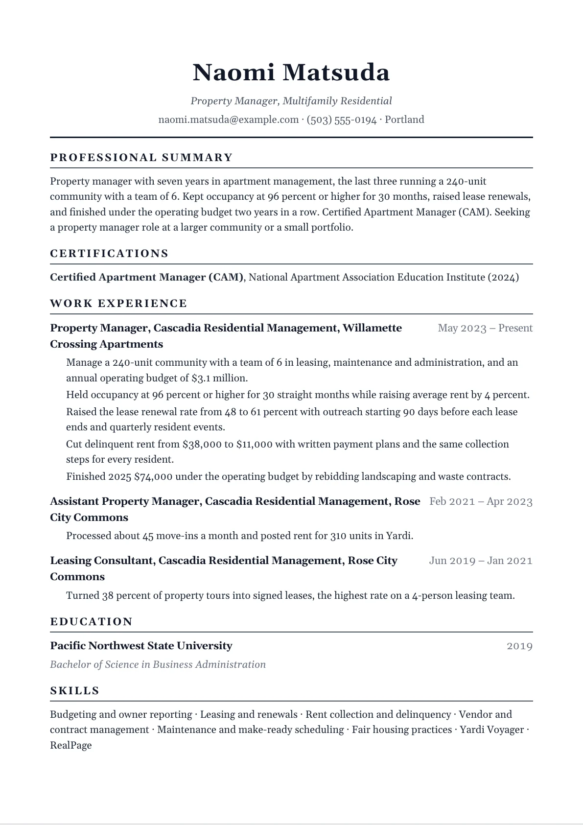 Property manager resume example