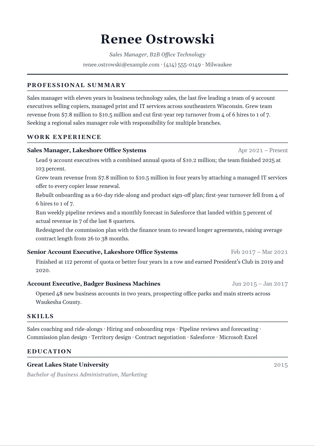Sales manager resume example