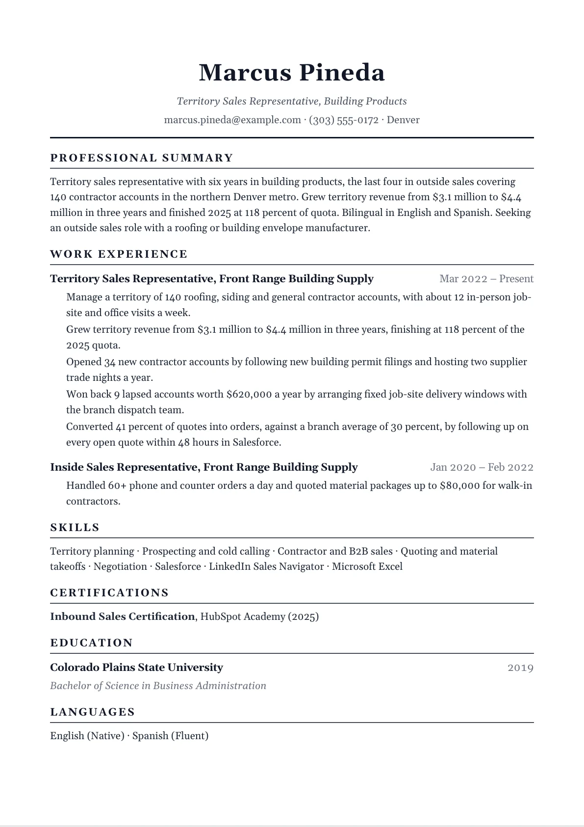 Sales Representative Resume example
