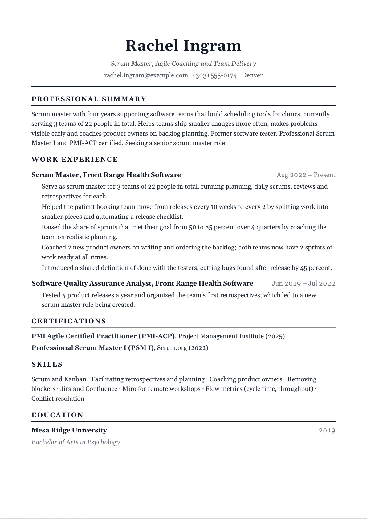 Scrum Master Resume example