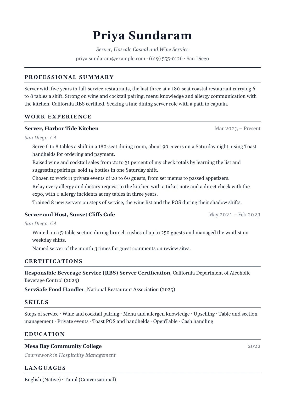 Server Resume example