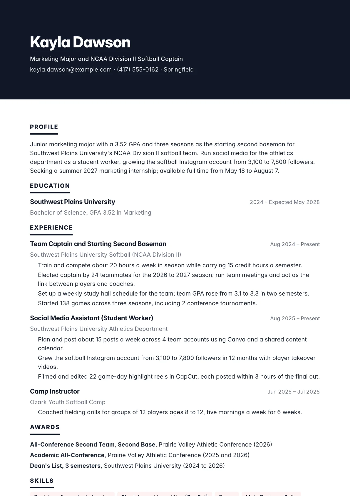 Student Athlete Resume example