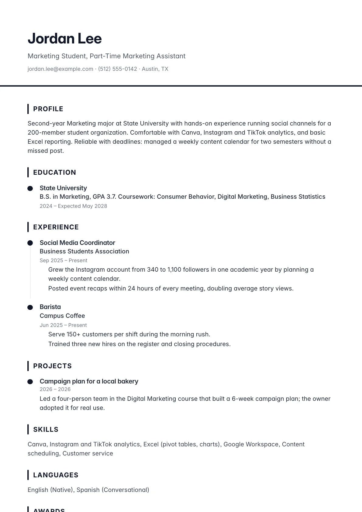 College student resume example