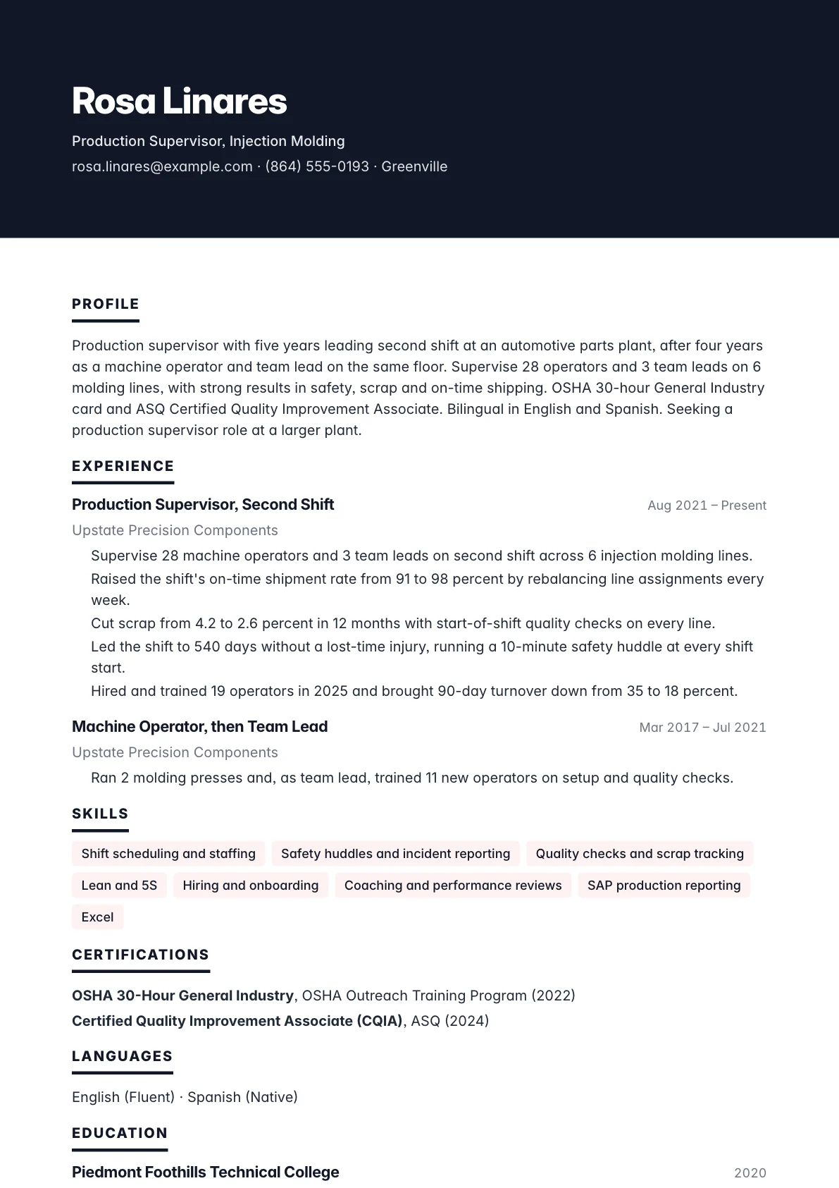 Supervisor resume example