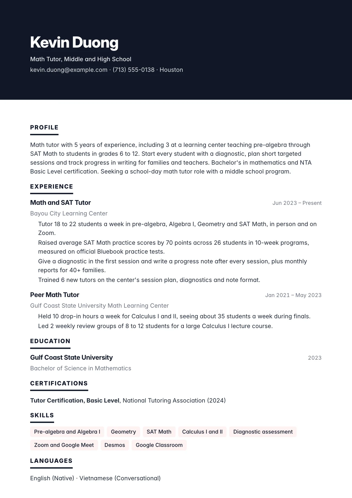 Tutor resume example