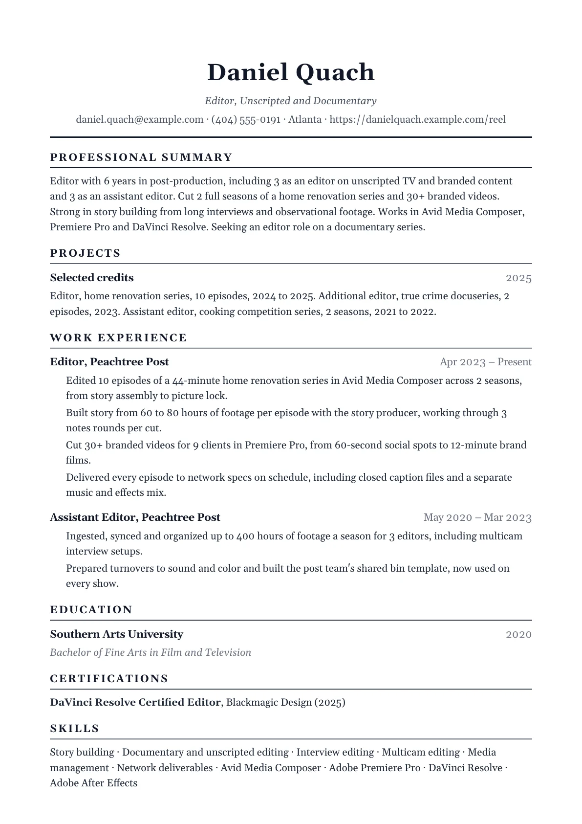 Video Editor Resume example