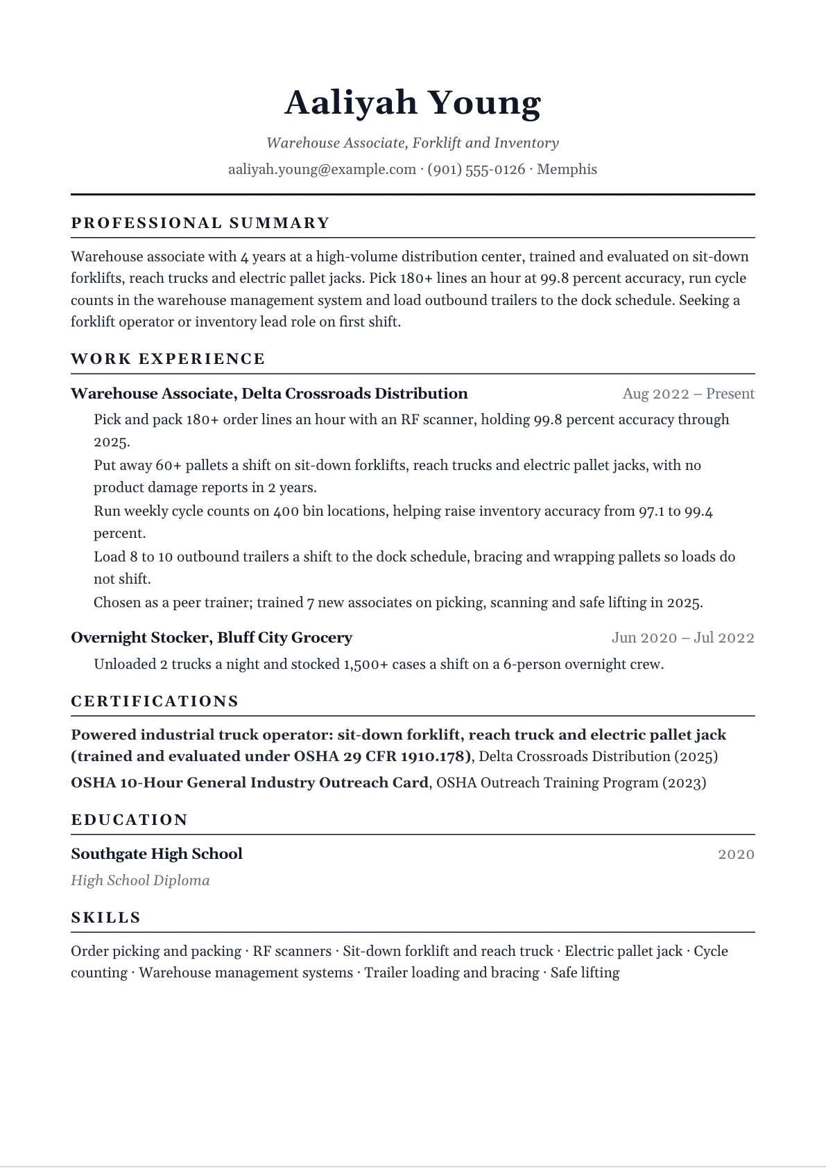 Warehouse Worker Resume example